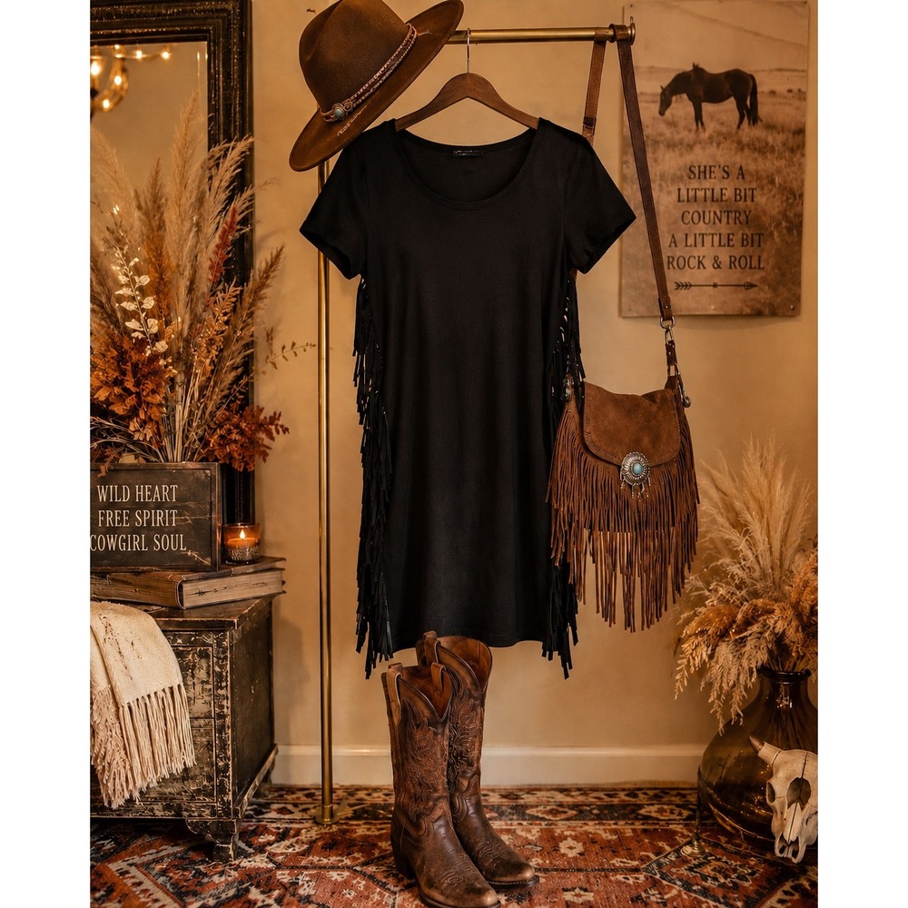 Boho Love Women's Faux Suede Fringe Dress Size M Cowgirl Western Country Fall